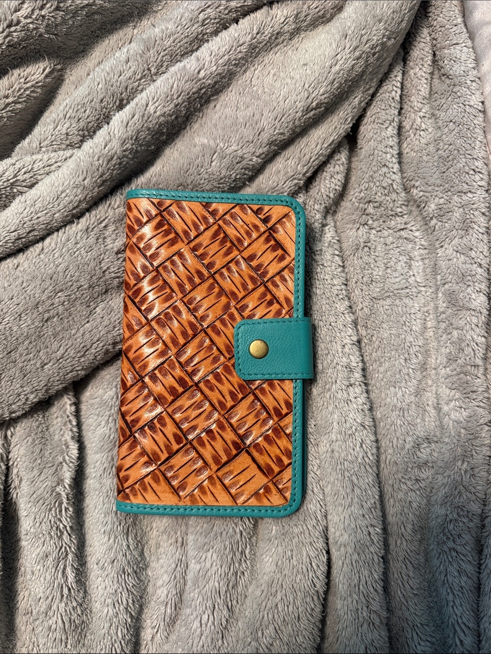 Woven tooled design Leather Wallet in Brown and Teal